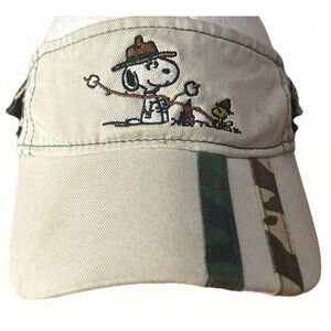 Knott’s Berry Farm Souvenir Peanuts Snoopy Woodstock Camping Visor Hat Camo Vtg